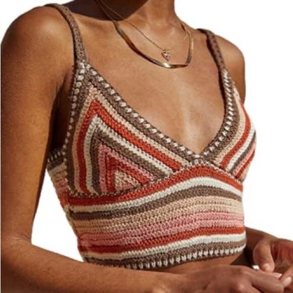 Crochet Knit Tank Top Womens L Pink Brown Cropped Boho Cottagecore 70s Retro - Picture 1 of 6